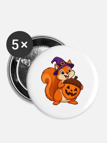 Halloween-Eichhörnchen mit Kürbis-Eichel - Buttons groß 56 mm (5er Pack) - Weiß