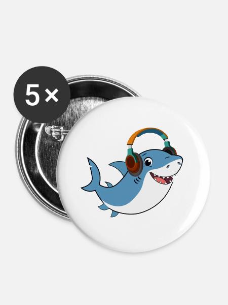 Shark DJ mit Kopfhörern - Buttons groß 56 mm (5er Pack) - Weiß