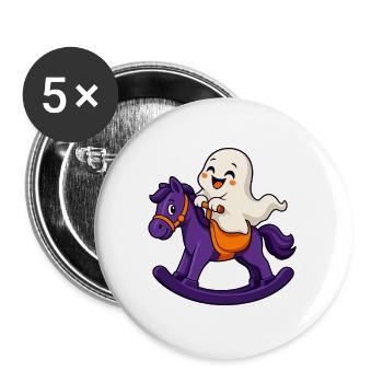 Süßer Halloween-Geist auf einem schaukelnden Pferd - Buttons groß 56 mm (5er Pack) - Weiß - Vorne
