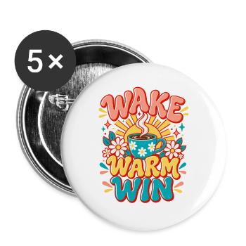  Aufwachen Warm Gewinnen Retro Kaffeetasse - Buttons groß 56 mm (5er Pack) - Weiß - Vorne