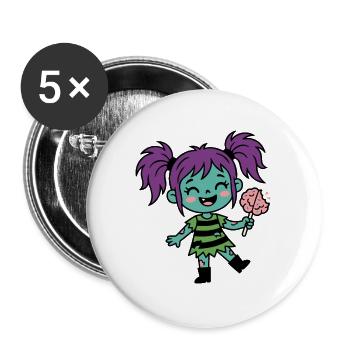 Süßes Zombie-Mädchen mit Zöpfen und Gehirnlutscher - Buttons groß 56 mm (5er Pack) - Weiß - Vorne