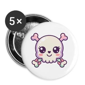 Niedlicher Kawaii-Schädel mit gekreuzten Knochen und rosa Bögen - Buttons groß 56 mm (5er Pack) - Weiß - Vorne