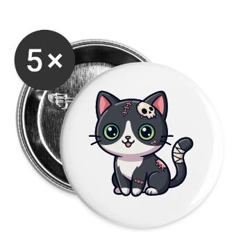 Niedliche Cartoon-Zombiekatze mit Stichen, Totenkopf-Tattoo - Buttons groß 56 mm (5er Pack) - Weiß - Vorne