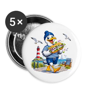Küstenmöwe Mopsi mit Sandwich - Buttons groß 56 mm (5er Pack) - Weiß - Vorne