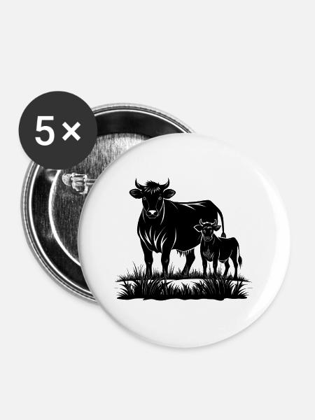 Angus-Kuh und Kalb - Buttons groß 56 mm (5er Pack) - Weiß