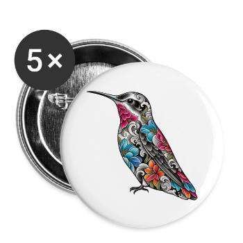Kolibri Floral Tattoo-Stil - Buttons groß 56 mm (5er Pack) - Weiß - Vorne