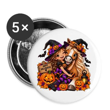 Kuschelige Halloween-Hexe & Pony - Buttons groß 56 mm (5er Pack) - Weiß - Vorne