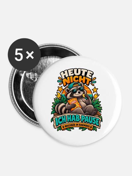 Waschbär Pause - Buttons groß 56 mm (5er Pack) - Weiß