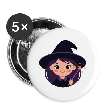 Süßes Cartoon-Hexenmädchen mit Zauberstab und Sternen - Buttons groß 56 mm (5er Pack) - Weiß - Vorne