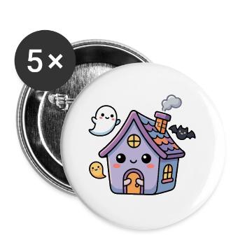 Niedliches Spukhaus mit freundlichen Geistern und einer Fledermaus - Buttons groß 56 mm (5er Pack) - Weiß - Vorne