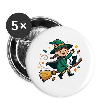 Süße Hexe, die auf einem Besen fliegt, mit schwarzer Katze - Buttons groß 56 mm (5er Pack) - Weiß - Vorne