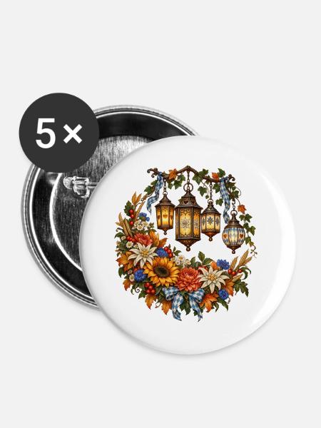 Festlaternen mit Alpenblumen & Edelweiß - Buttons groß 56 mm (5er Pack) - Weiß