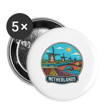 Niederländisches Reiseabzeichen Windmühlen Tulpen Holland - Buttons groß 56 mm (5er Pack) - Weiß - Vorne