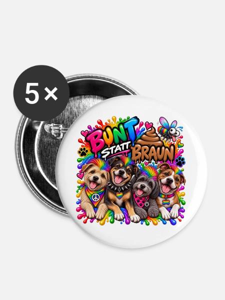 Bunt statt Braun: Hundevielfalt - Buttons groß 56 mm (5er Pack) - Weiß