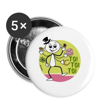 Toi Toi Toi - Strichel Glücksbringer - Buttons groß 56 mm (5er Pack) - Weiß - Vorne