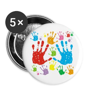 Mehrfarbige Handabdrücke - Buttons groß 56 mm (5er Pack) - Weiß - Vorne