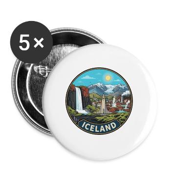 Island-Reiseabzeichen Skogafoss-Wasserfallvulkan - Buttons groß 56 mm (5er Pack) - Weiß - Vorne