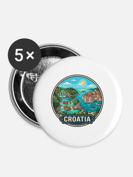 Kroatien-Reiseabzeichen Plitvicer Seen Dubrovnik - Buttons groß 56 mm (5er Pack) - Weiß