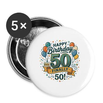 Alles Gute zum Geburtstag endlich 50 Bash Konfetti-Party - Buttons groß 56 mm (5er Pack) - Weiß - Vorne