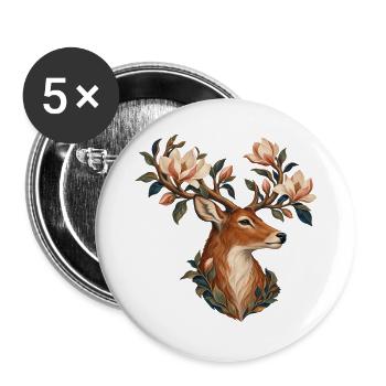Hirsche mit Geweih, die mit Magnolien blühen - Buttons groß 56 mm (5er Pack) - Weiß - Vorne