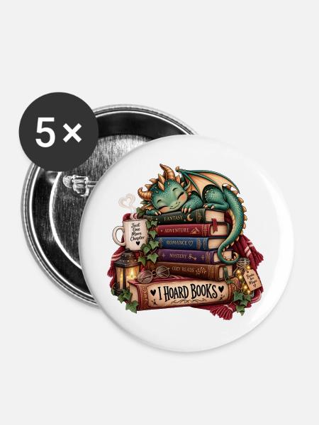 Bücherstapel Drachenfreund - Buttons groß 56 mm (5er Pack) - Weiß