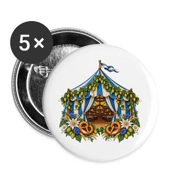 Festzelt mit Hopfen, Brezeln & Edelweiß - Buttons groß 56 mm (5er Pack) - Weiß - Vorne