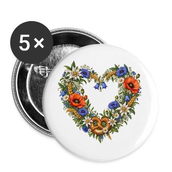Wiesenblumenherz mit Brezel & Edelweiß - Buttons groß 56 mm (5er Pack) - Weiß - Vorne