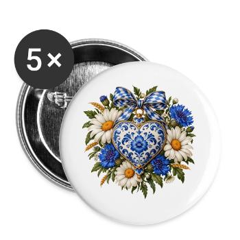 Blau-weißes Porzellanherz mit Blumen - Buttons groß 56 mm (5er Pack) - Weiß - Vorne
