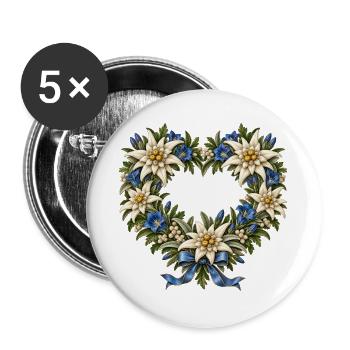 Edelweißherz mit Enzian & blauer Schleife - Buttons groß 56 mm (5er Pack) - Weiß - Vorne