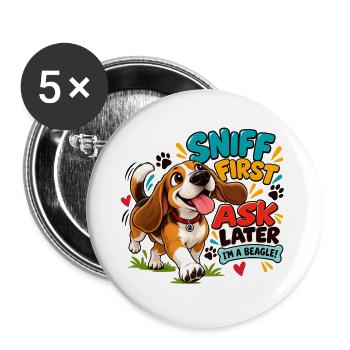 Schnüffeln zuerst Beagle Motiv - Buttons groß 56 mm (5er Pack) - Weiß - Vorne