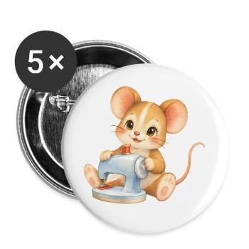 Maus - Nähfreude an der Nähmaschine - Buttons groß 56 mm (5er Pack) - Weiß - Vorne