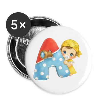 A - Buchstabe: mit Baby im Piratenlook - Buttons groß 56 mm (5er Pack) - Weiß - Vorne
