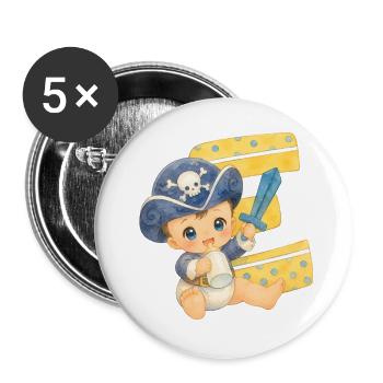 E - Buchstabe: Kleiner Piratenkapitän Baby - Buttons groß 56 mm (5er Pack) - Weiß - Vorne