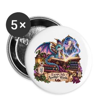 Drachenwald Bücherzauber Escape Into Another World - Buttons groß 56 mm (5er Pack) - Weiß - Vorne