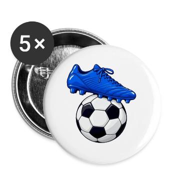 Blauer Fußballschuh und Fußball - Buttons groß 56 mm (5er Pack) - Weiß - Vorne