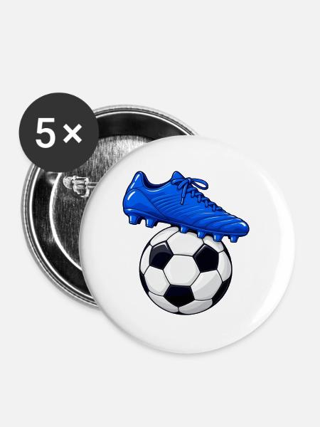 Blauer Fußballschuh und Fußball - Buttons groß 56 mm (5er Pack) - Weiß