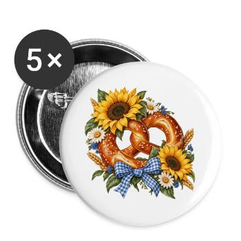 Brezel mit Sonnenblumen & Trachtenschleife - Buttons groß 56 mm (5er Pack) - Weiß - Vorne