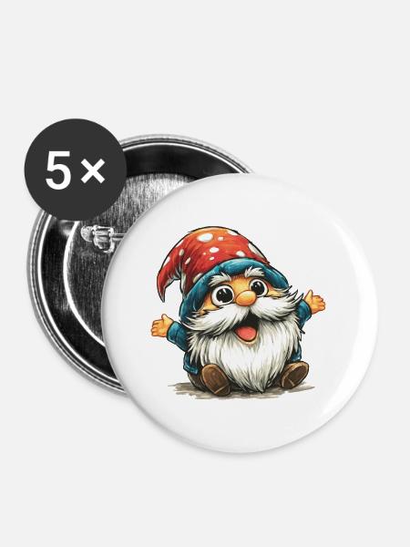 Fröhlicher Pilzgnom mit rotem Hut - Buttons groß 56 mm (5er Pack) - Weiß