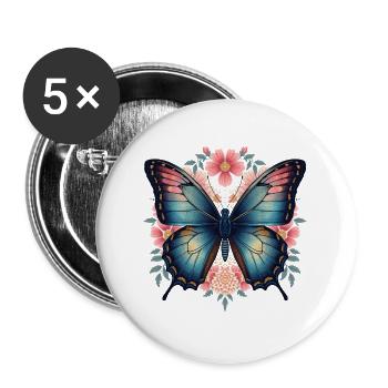 Blauer Schmetterling und Blumenblüten - Buttons groß 56 mm (5er Pack) - Weiß - Vorne