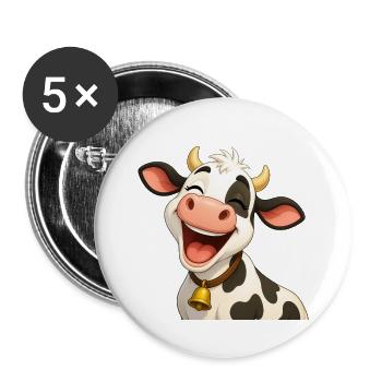 Lachende Zeichentrickkuh mit goldener Glocke - Buttons groß 56 mm (5er Pack) - Weiß - Vorne