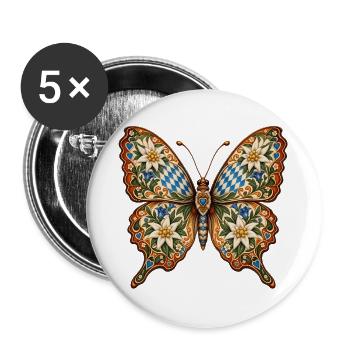 Trachten-Schmetterling mit Edelweiß & Enzian - Buttons groß 56 mm (5er Pack) - Weiß - Vorne