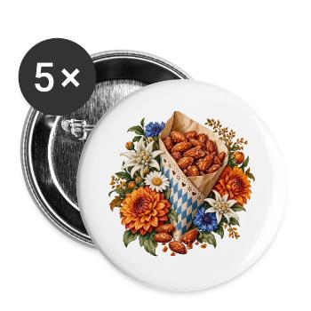 Gebrannte Mandeln mit Edelweiß & Blumen - Buttons groß 56 mm (5er Pack) - Weiß - Vorne