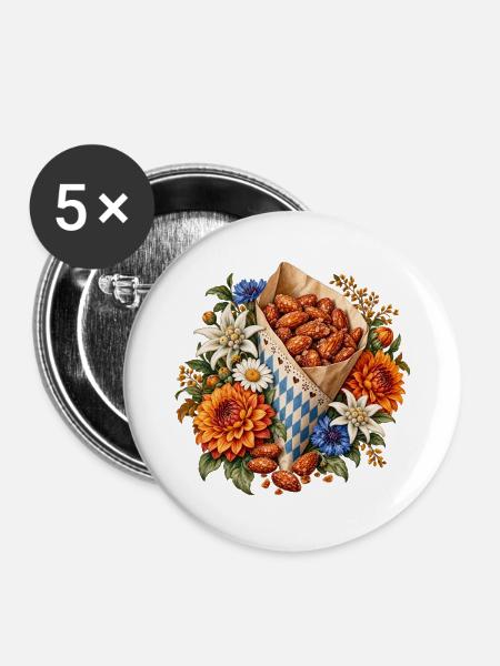 Gebrannte Mandeln mit Edelweiß & Blumen - Buttons groß 56 mm (5er Pack) - Weiß
