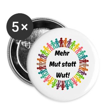 MEHR MUT STATT WUT BUNTE MENSCHENKETTE, NIE WIEDER - Buttons groß 56 mm (5er Pack) - Weiß - Vorne