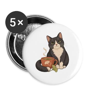 Gemütliche Katze mit Teetasse - Buttons groß 56 mm (5er Pack) - Weiß - Vorne