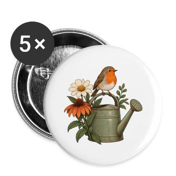 Rotkehlchen auf Gießkanne mit Gartenblumen - Buttons groß 56 mm (5er Pack) - Weiß - Vorne