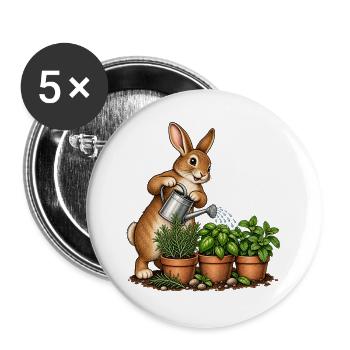 Hase gießt einen Kräutergarten - Buttons groß 56 mm (5er Pack) - Weiß - Vorne