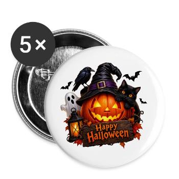 Halloween Kürbis mit Katze - Buttons groß 56 mm (5er Pack) - Weiß - Vorne