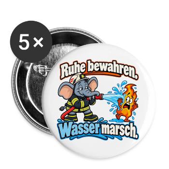 Feuerwehr-Elefant – Ruhe bewahren, Wasser marsch - Buttons groß 56 mm (5er Pack) - Weiß - Vorne