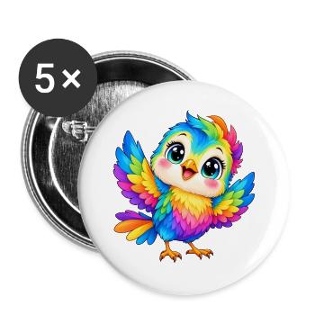 Kawaii Mehrfarbige Vogel - Buttons groß 56 mm (5er Pack) - Weiß - Vorne